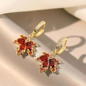 New - 925 Silver Posts Orange Maple Leaf Retro Stud Earrings